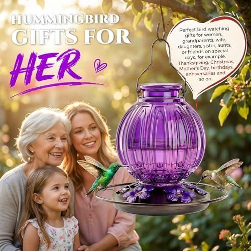 2 Pack Glass Hummingbird Feeder for Outdoors Hanging, Bird Nectar Feeder with Perch & 5 Flower Feeding Ports, 26 Oz Leak Proof for Outside Garden Decor Backyard, Gifts for Women Mom, Red + Purple - Image 7