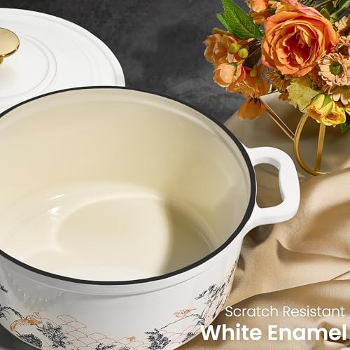 CAROTE Cast Iron Dutch Oven Pot with Lid, 5QT Enameled Floral Dutch Ovens with Gift Box, Cast Iron Pot for Sourdough Bread Baking, Braising, Stews, Roasting, All Stovetop Compatible, Oven Safe, White - Image 4