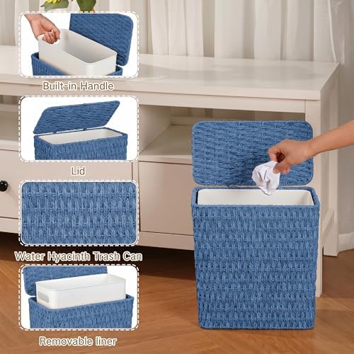 iEGrow Paper Rope Trash Can,Bathroom Trash Can with Lid, 3 Gallon Wicker Waste Basket with Removable Liner, for Bedroom, Living Room, Toilet, Under Sink Blue - Image 3