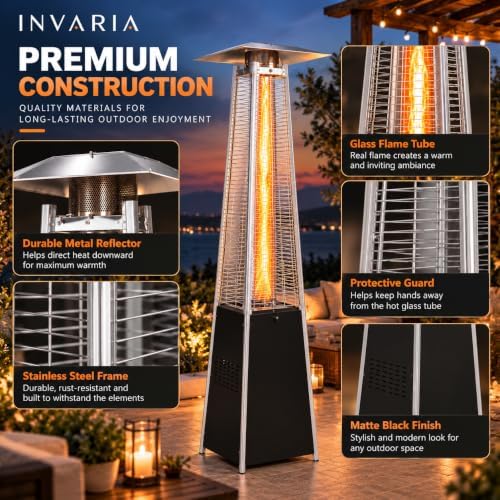 INVARIA Pyramid Patio Heater, 48,000 BTU Propane Outdoor Heater with Glass Tube Flame, ETL Certified, Triple Safety Protection, Wheels & Cover Included for Patio Backyard Poolside (Black) - Image 7