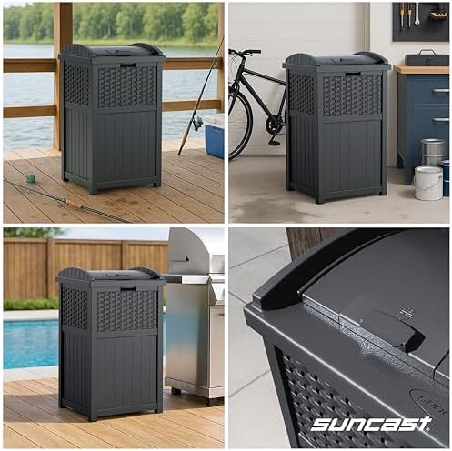 Suncast 33 Gal, Wicker Hideaway Trash Can, Secure Lid, Cyberspace Gray - Image 4