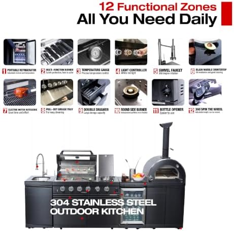 112" Outdoor Kitchen Island, 4-Burner Propane Grill, Pizza Oven, Black - Image 3
