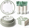 400 Pcs Disposable Sage Green Floral Tableware Set for 50 Guests by COSINIA