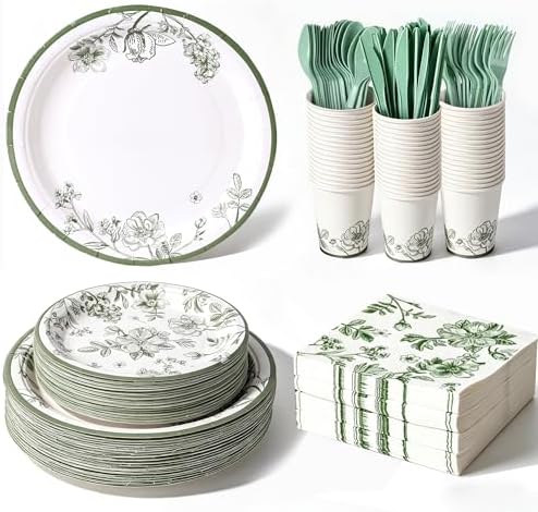 400 Pcs Disposable Sage Green Floral Tableware Set for 50 Guests by COSINIA
