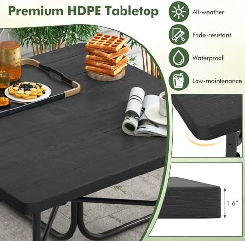 Moccha Picnic Table Bench Set - Outdoor Table and Chairs with Umbrella Hole, HDPE Tabletop & Metal Frame, 500LBS Capacity, Outdoor Camping Table for Garden Backyard Porch Patio Table Set (Black) - Image 4
