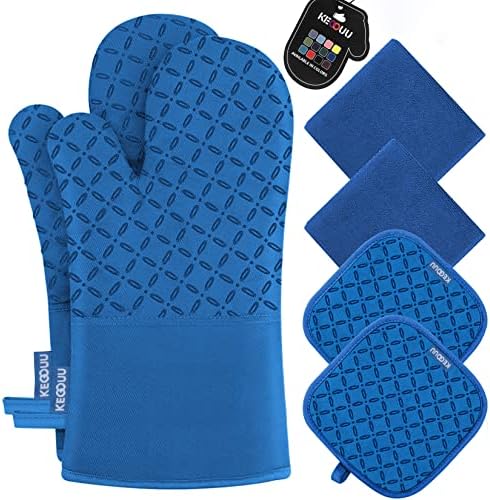KEGOUU Oven Mitts and Pot Holders 6pcs Set, Kitchen Oven Glove High Heat Resistant 500 Degree Extra Long Oven Mitts and Potholder with Non-Slip Silicone Surface for Cooking (Royal Blue) by KEGOUUOvenMitt