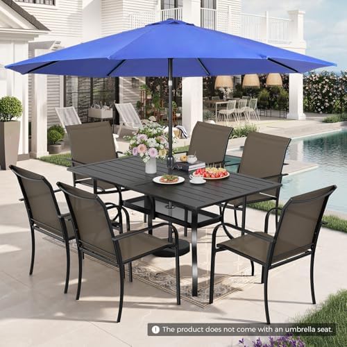 Incbruce 8 Pieces Patio Dining Set with Dark Blue Umbrella, Outdoor Dining Set of 6 Textilene Chairs and Rectangle Table with Umbrella Hole for Backyard, Garden, and Poolside (Brown) - Image 3