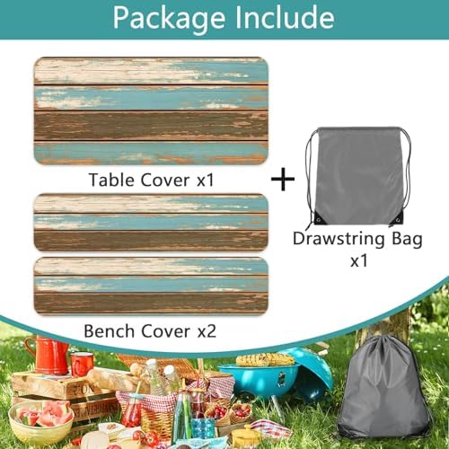 Picnic Table Cover with Bench Covers, Camping Essentials, Farmhouse Wood Green Waterproof Windproof Table Cover, Fitted Tablecloth Cover with Elastic Edge, for Indoor & Outdoor, 3 PCS, 30x60 Inch - Image 6