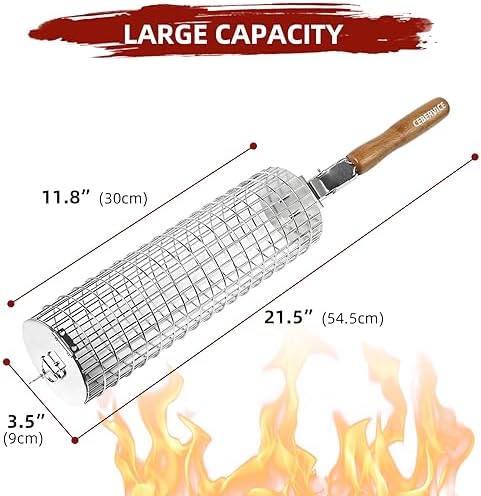 Rolling Grill Basket, SUS304 Stainless Steel, Removable Wooden Handle, Round Cylinder BBQ Grilling Basket, Outdoor Cooking Griller, Smoker Accessories for Vegetable, Gifts for Men Dad - Image 5