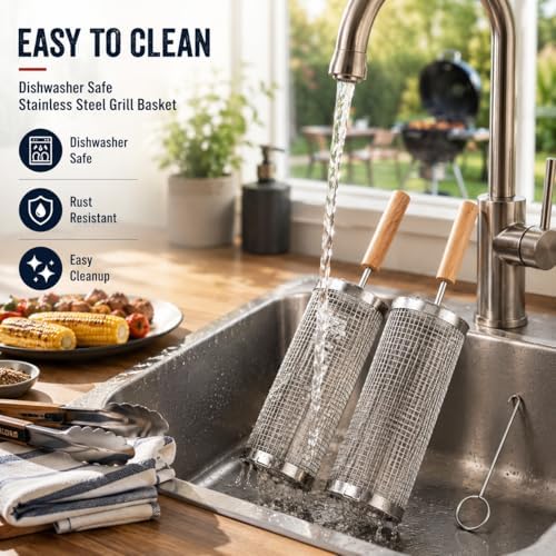 Rolling Grill Basket 2-Pack 304 Stainless Steel Net with Handle - Image 4