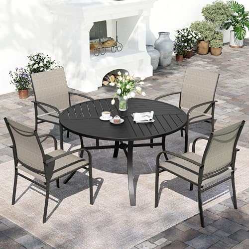 5pc Patio Dining Set for 4, Outdoor 42" Round Metal Table & 4 Brown Chairs by SUNSHINEVALLEY