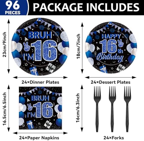 96PCS 16th Birthday Party Paper Plates and Napkins and Forks Set for Blue and Silver Bruh I'm 16 Years Old Party Paper Plates Disposable Decor Happy 16th Parties Set for Teens Birthday Decorations - Image 2