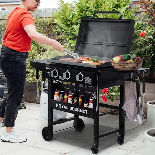 Royal Gourmet 3-Burner Gas Griddle with Hood, Collapsible Side Shelves - Image 2