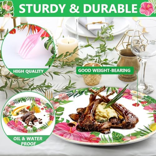 Qyeahkj 50PCS Hawaiian Luau Oval Paper Plates Large 11” Disposable Aloha Floral Party Decorations Summer Platters Tableware Supplies Favor for Tropical Dish Tray Beach Birthday Party Tableware Set - Image 4