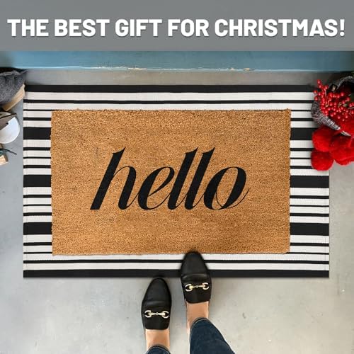 IOHOUZE 2x3 Striped Outdoor Door Mat, Washable Porch Rug, Black White - Image 2
