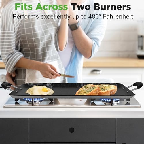 Nutrichef Double Burner Griddle, Non-Stick Stove Top Griddle for Gas Stove, Dishwasher Safe, Heatproof Bakelite Handles, Even Heat Distribution, PFOA & PFOS Free, 20” x 12” x 0.8” Inch (Black) - Image 3