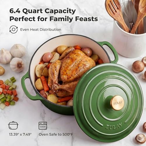 Zulay Kitchen 6.4QT Enameled Cast Iron Dutch Oven Pot with Lid, Heavy-Duty Soup Pot for Stews, Braising, Roasting & Sourdough Bread Baking, Oven Safe up to 500°F - Green - Image 6