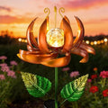 Solar Yard Lights Wind Spinners- Metal Lotus Flower Garden Decor LED Crackle Glass Globe Yard Art Sculpture Solar Stake Lights for Patio Pathway Lawn Walkway (Yellow-Large) by SUCUY