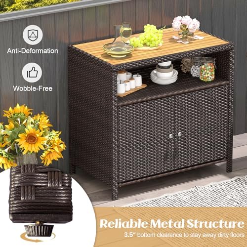 Tangkula Rattan Outdoor Storage Cabinet, Patiojoy Outdoor Cabinet with Acacia Wood Countertop, Open Compartment, 2-Door Wicker Sideboard, Outdoor Bar for Patio Garden Backyard Poolside (Mix Brown) - Image 5