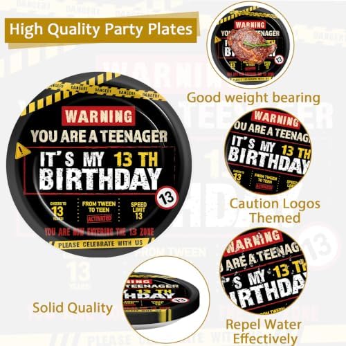 96 PCS Caution Logos 13th Birthday Party Paper Plates and Napkins 13 Years Old Party Decor Warning Sign Themed Teens 16th Dinnerware for Boys Girls 13 Years Old Birthday Gatherings Decorations - Image 3