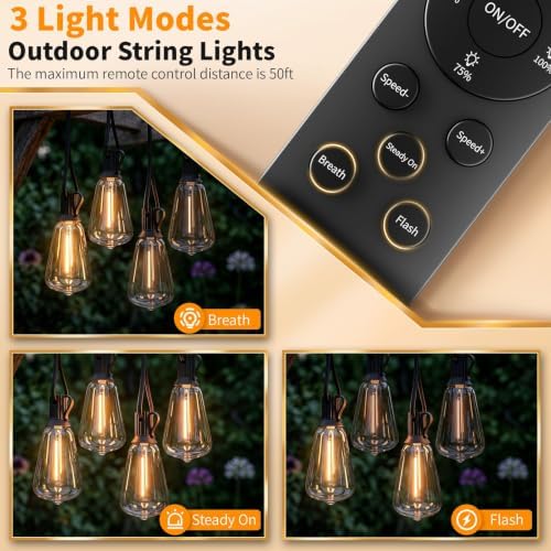 Hotsonic Remote Control Outdoor String Lights Waterproof, 50FT LED Outside Lights with Shatterproof Bulbs, Dimmable Hanging Lights 3 Modes for Patio Porch Garden Pergola Yard House Bistro Party Decors - Image 5