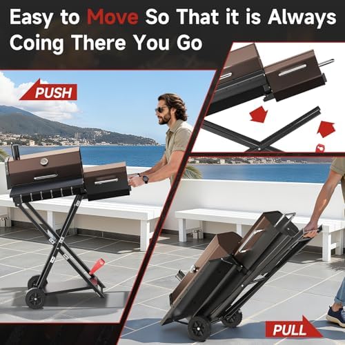 Portable Charcoal Grill with Smoking Function, Foldable Suitcase Design with Wheels, Multi-Tier Storage Rack & Waterproof Cover for Outdoor BBQ Parties (Khaki) - Image 3