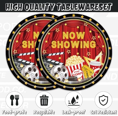 Egami 40pcs Movie Night Party Supplies,include 20 Dessert plate and 20 Napkin,Now Showing Birthday Plate Napkin Set，Used for Bridal Shower Birthday Party Decoration - Image 4