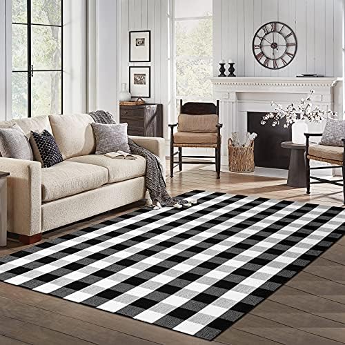 IOHOUZE 5x8 Buffalo Plaid Area Rug, Washable Indoor Outdoor, Black White by iOhouze