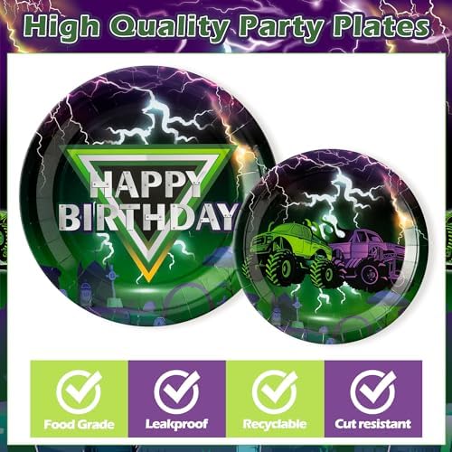 96Pcs Monster Truck Happy Birthday Green Purple Party Plates Supplies - Party Tableware Decorations Disposable Paper Plates Napkins Forks for Birthday Baby Shower, Serves 24 - Image 3