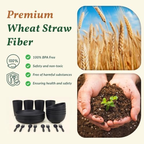 Homienly Wheat Straw Dinnerware Sets, Homienly 20pcs Unbreakable Microwave Dishwasher Safe Tableware Lightweight Bowls, Cups, Plates Set Reusable Dinner Plates Bowls set (Matte Black) - Image 3