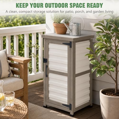 Ketive Outdoor Storage Cabinet, 33.5" H Compact Patio Storage Cabinet with Plastic Door Panels, Wood-Style Frame, 2-Tier Outdoor Organizer for Porch, Balcony, Backyard, Garden Supplies, Gray & White - Image 2