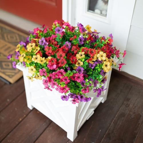 Daisy Artificial Flowers for Outdoors Decor, 12 Bundles Faux Daisy with Eucalyptus Fake Plants Greenery UV Resistant Look Real Colorful Faux Flowers for Outside Planter Porch Patio Yard Gardens, Mix - Image 4