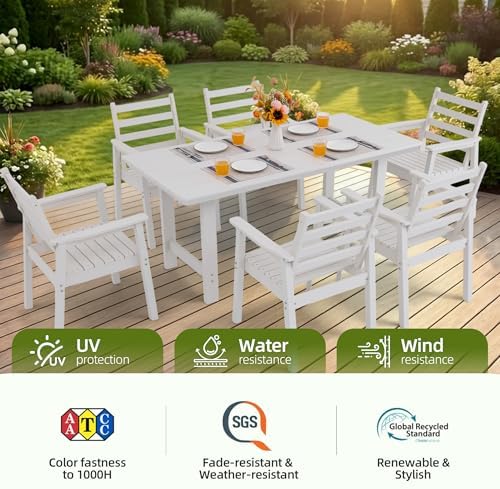 7-Piece Outdoor Dining Set, All-Weather HDPE Patio Furniture, 66.5" Slatted Table with 1.6" Umbrella Hole & 6 Ergonomic Armchairs, Heavy Duty 350lbs Capacity, UV Resistant, White - Image 6