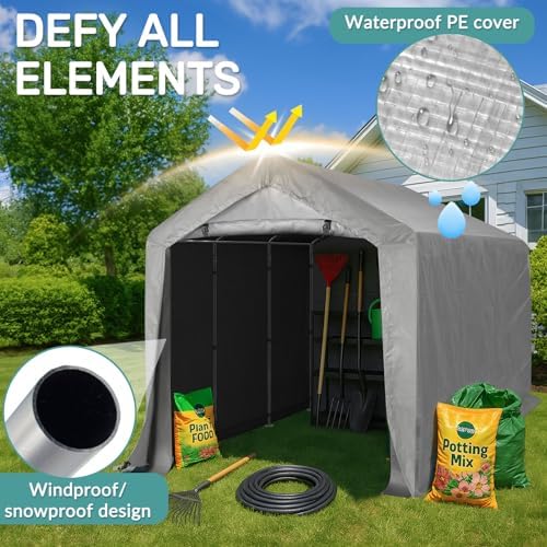 VINGLI Outdoor Portable Storage Shed, Heavy Duty Bike Tent with Roll-up Zipper Door, Waterproof and UV Resistent Carport for Motorcycle, Garden Tools and Firewood (Gray, 8x12x6.8 FT) - Image 5