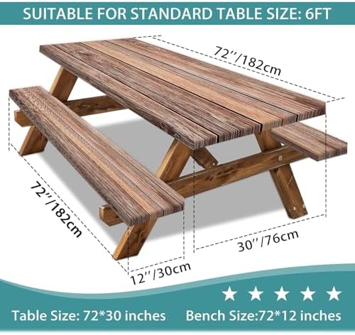 Picnic Table Cover with Bench Covers Camping Essentials Farmhouse Outdoor Table Covers Wood Grain Waterproof Windproof Fitted Tablecloth Cover with Elastic Edge for Indoor & Outdoor 3 PCS 30x72 Inch - Image 3