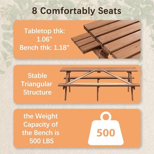 Brown 75" Rectangular Wooden Picnic Tables for Outdoors - Image 3