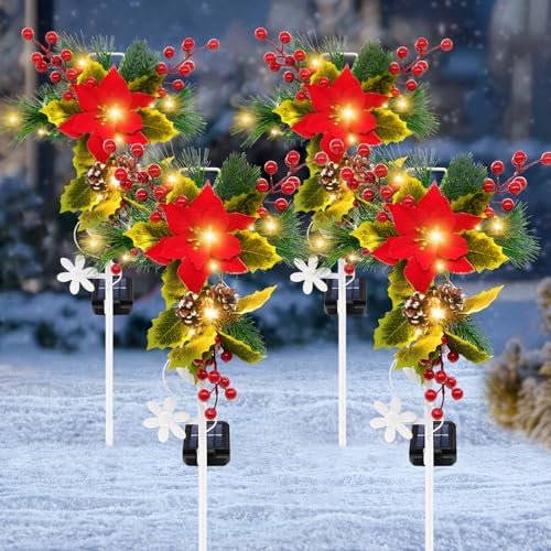 4 Pack Solar Christmas Decorations Outdoor, 32 Inch Solar Christmas Cross Stake Lights, Waterproof Grave Decorations with Poinsettia Flower Pinecones Red Berries for Garden Yard Patio Lawn Cemetery by stadeco