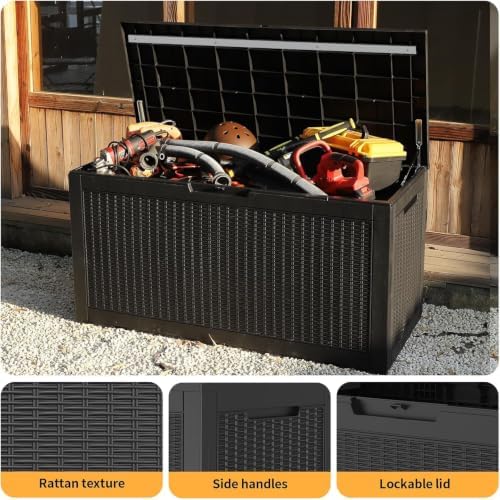 ROJIK Outdoor Storage Housing Deck Box - Waterproof Patio Furniture, Garden Tools, Cushions, Pool Accessories Storage Bench with Lockable Lid and Side Handles (Black 110 Gal) - Image 5