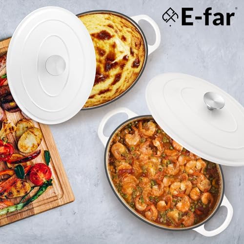 E-far 7QT Oval Dutch Oven Pot with Lid, White Enameled Cast Iron Dutch Oven - Image 7