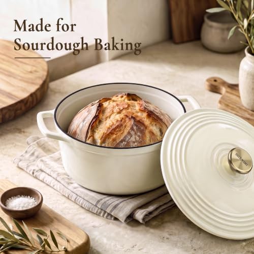 Overmont Enameled Cast Iron Dutch Oven - 5.5QT Pot with Lid Cookbook & Cotton Potholders - Heavy-Duty Cookware for Braising, Stews, Roasting, Sourdough Baking White - Image 2