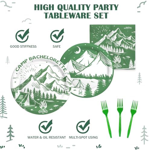Hombae Camp Bachelorette Supplies Tableware Set, Last Trail Before the Veil Bachelorette Decor, Green Camping Bachelorette Party Decorations, Camp Theme Plates, Napkins, Forks, Serves 24 Guests - Image 3