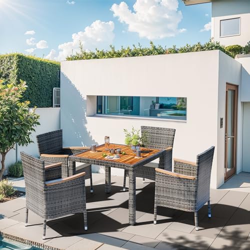 Shintenchi 5 Piece Patio Dining Set, Wicker Patio Conversation Set with Wooden Table Top, Outdoor Table and Chairs with Soft Cushions for Backyard, Deck and Garden, Grey Wicker - Image 2