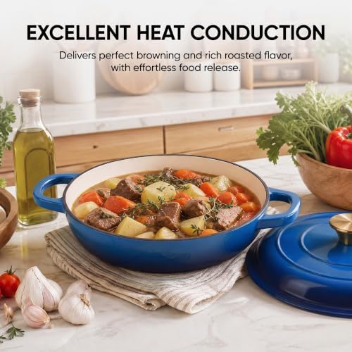 Dutch Oven Enameled Cast Iron with Lid - Big Dual Handles - Oven Safe up to 500°F - Classic Round Pot for Versatile Cooking 3 QT Shallow Pot Blue - Image 5