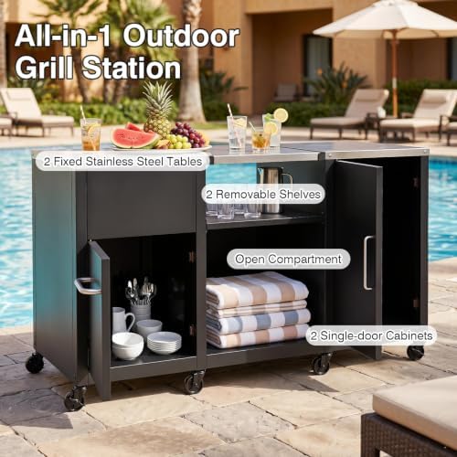 HAPPYGRILL 59” Outdoor Grill Table w/2 Removable Shelves & Storage Cabinets - Image 3