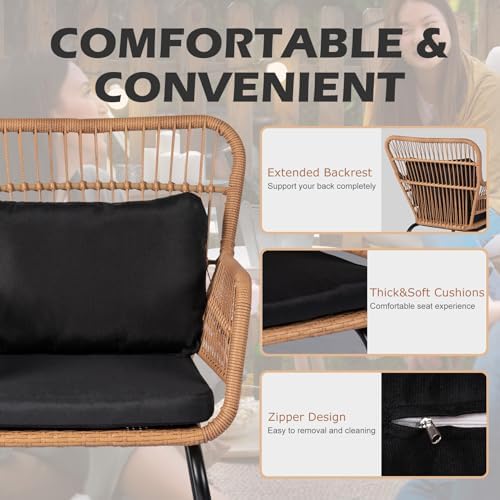 3 Piece Outdoor Wicker Furniture Bistro Set, Rattan Chairs Conversation Sets with Solar Light, Wicker Patio Furniture for Balcony Poolside Backyard, Black - Image 3