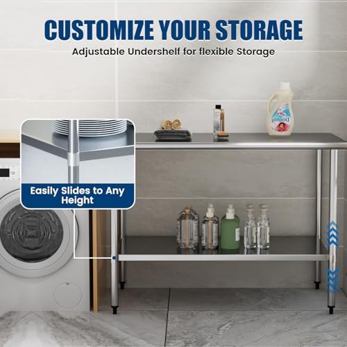 Stainless Steel Work Table 30 x 60 Inch with Adjustable Undershelf, Heavy-Duty Metal Prep Table for Commercial Kitchen & Restaurant, Garage, Outdoor - Image 4