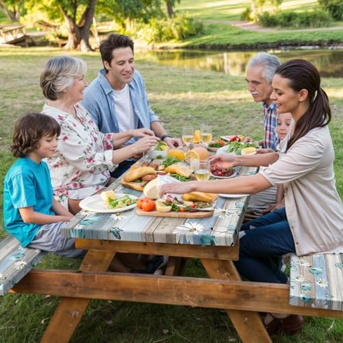 Floral Picnic Table Cover with Bench Covers, Camping Essentials, Wooden Flower Butterfly Waterproof Windproof, Fitted Tablecloth Cover with Elastic Edge, for Indoor, Outdoor, 3 PCS, 30x60 Inch - Image 4