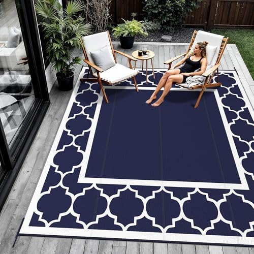 GENIMO Outdoor Rug, Waterproof Plastic Rugs for Patio, 10'x10' Blue White - Image 6