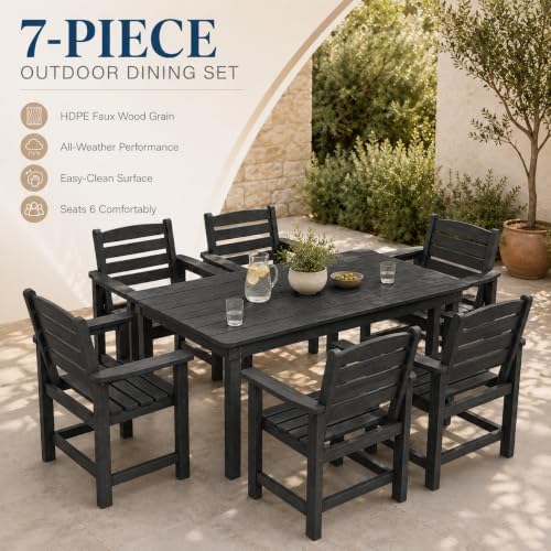 7 Pcs Outdoor Patio Dining Set, HDPE Table & Chairs with Umbrella Hole - Image 5