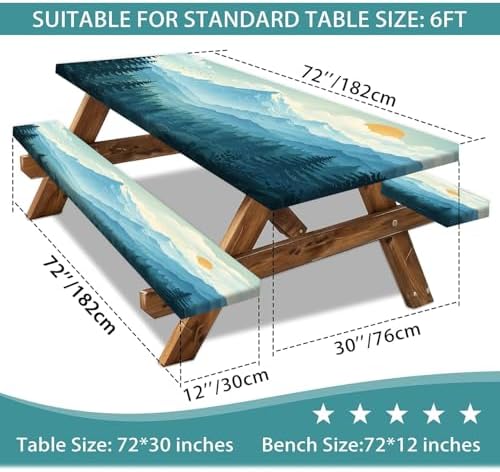 Picnic Table Cover with Bench Covers and Bag, Forest Mountain Sunset Camping Tablecloth, Waterproof Windproof Oilproof Elastic Edges Fitted Tables Cover for Indoor Outdoor 3PCS 30x72 Inch (Green) - Image 3